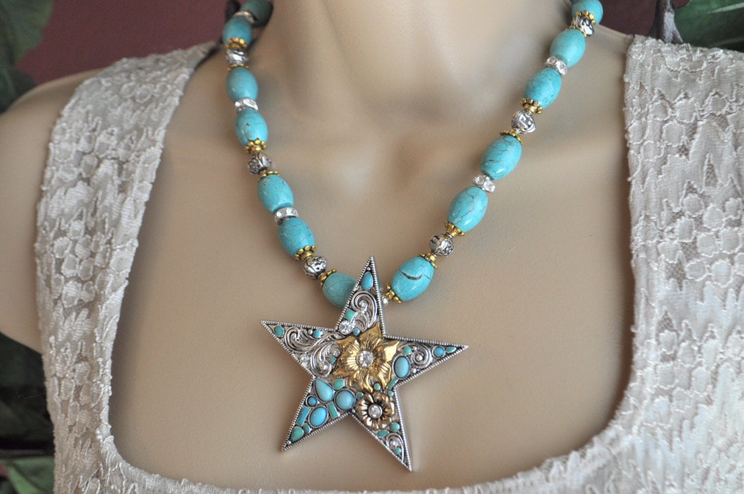 Stabilized Turquoise, Gold and Silver Necklace and Earrings with Large Turquoise Star Pendant