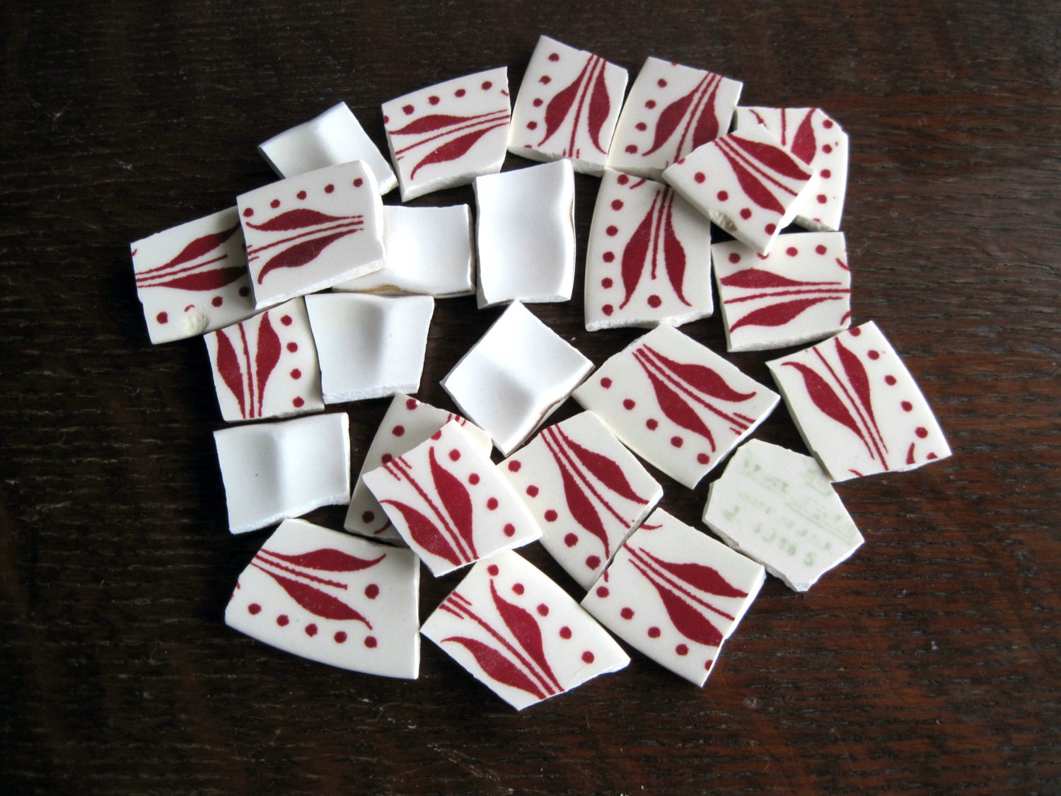 Broken China Tiles, Hand Cut Vintage China, Red and White