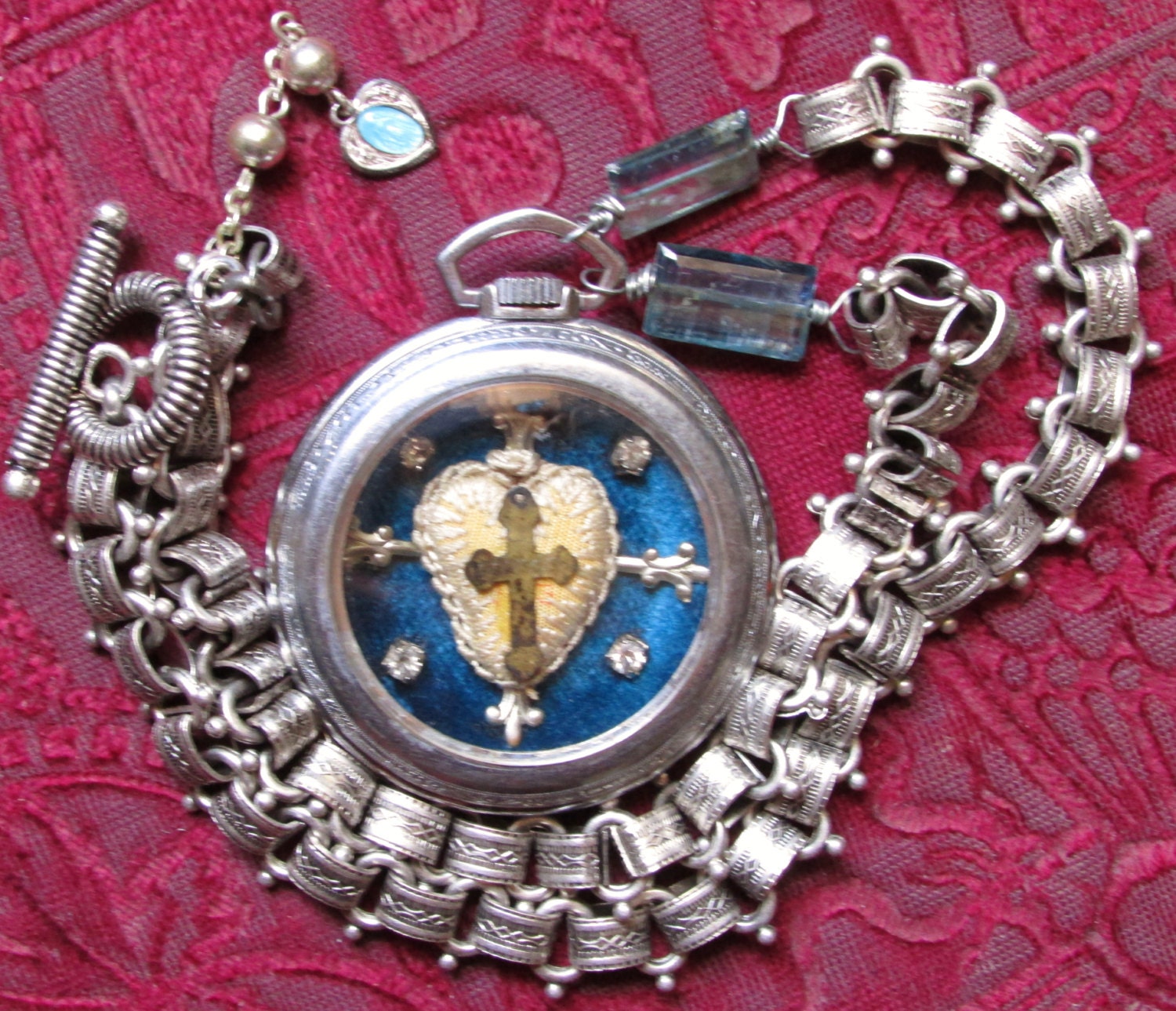 Sacred heart reliquary necklace antique religious fleur de lis book chain kyanite beads silk velvet one of a kind religious jewelry
