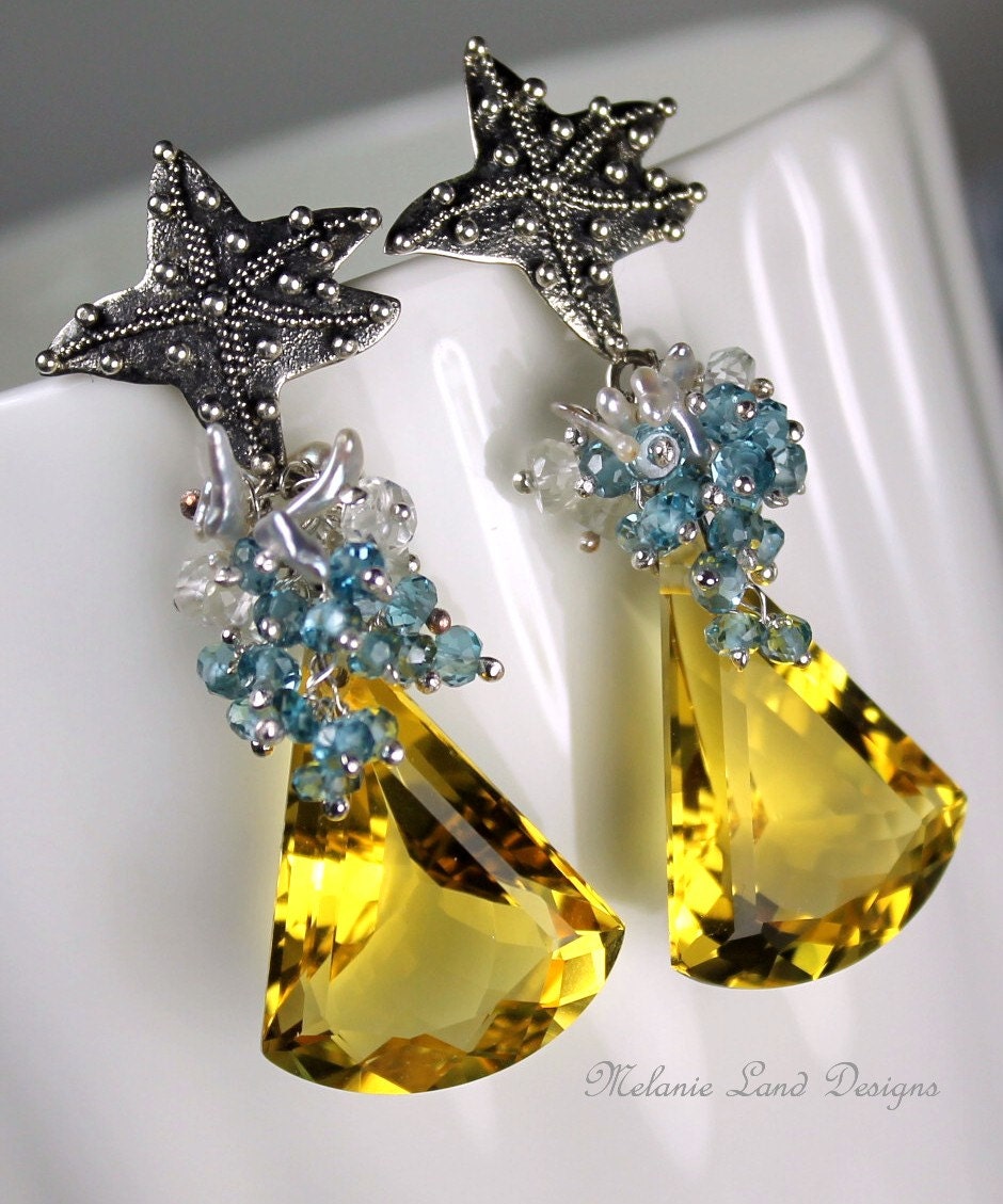 Sunshine On My Shoulder -- Lemon Quartz, London Blue Topaz, White topaz,Saltwater  Pearls Sterling Silver Earrings