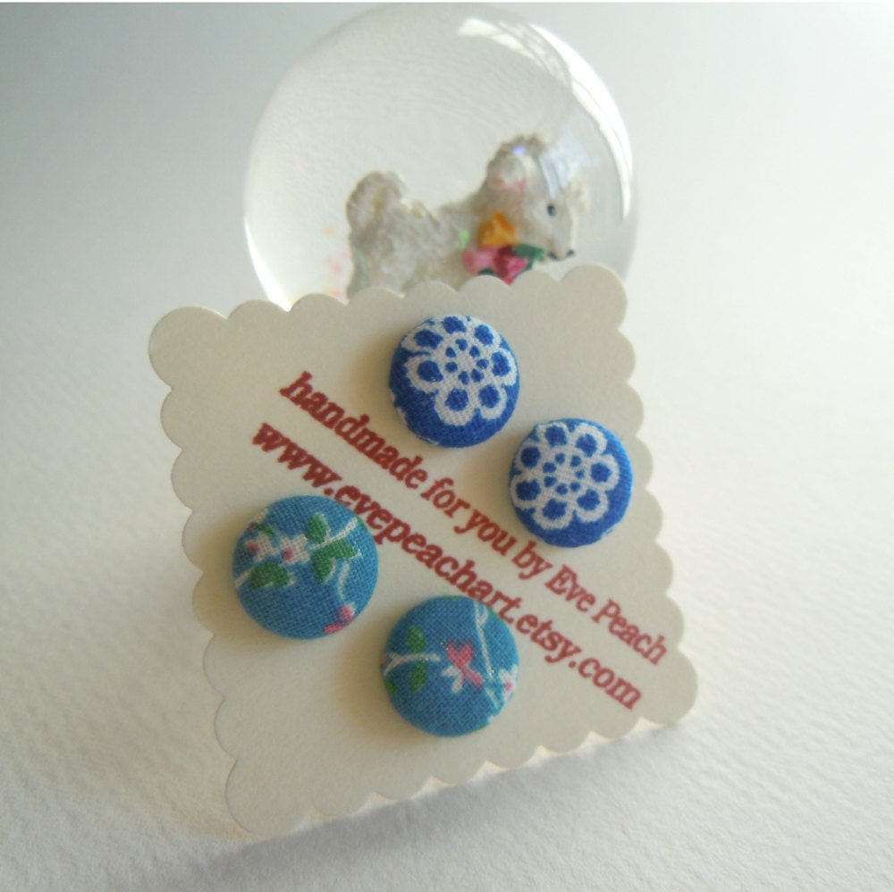 Set of Two Cover Button Vintage Fabric Earrings- Blue and White Floral and Robin's Egg Blue and Pink Floral Fabric Earring Set