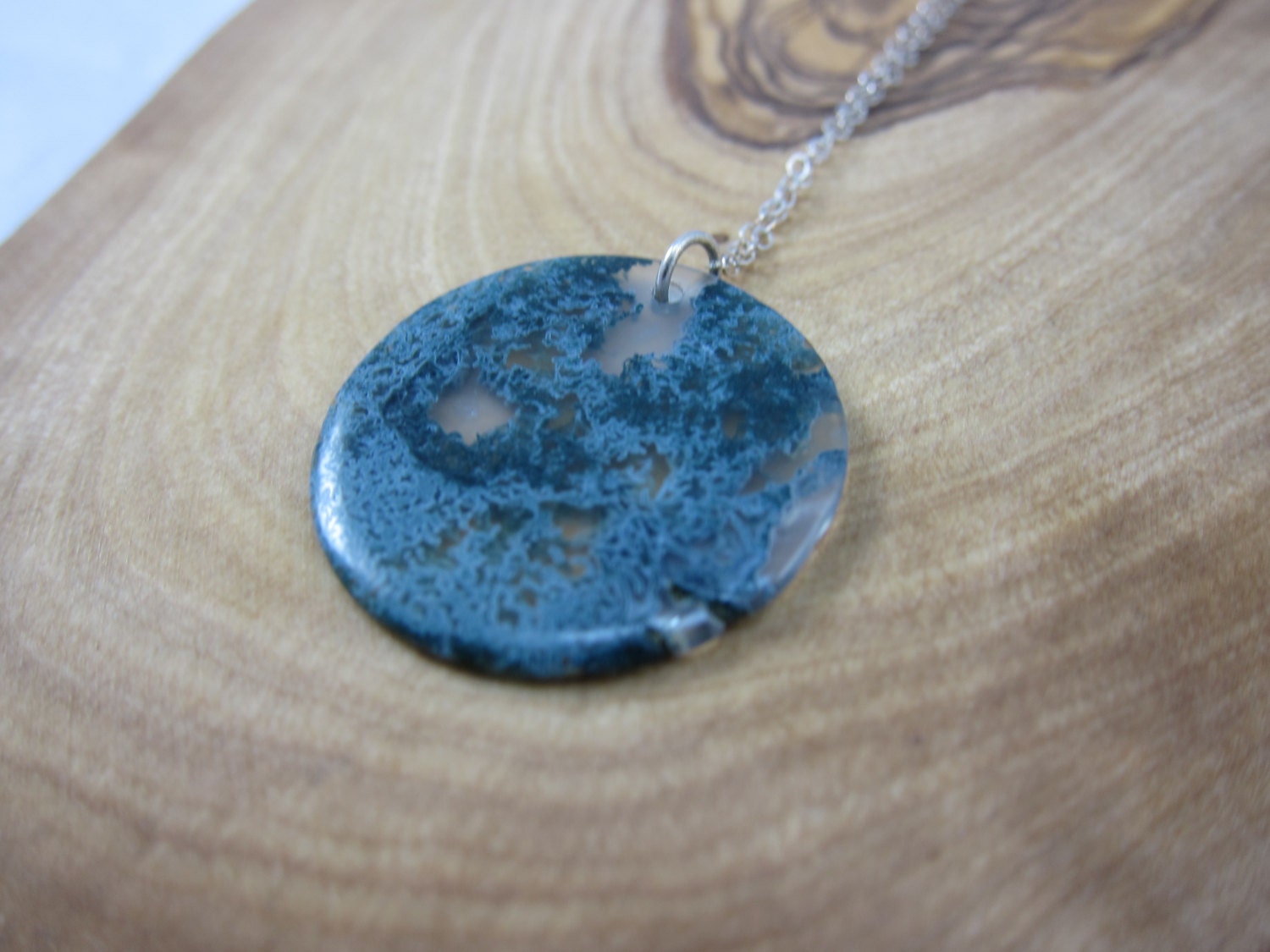 Green Moss Quartz Round Pendant on Sterling Silver Chain