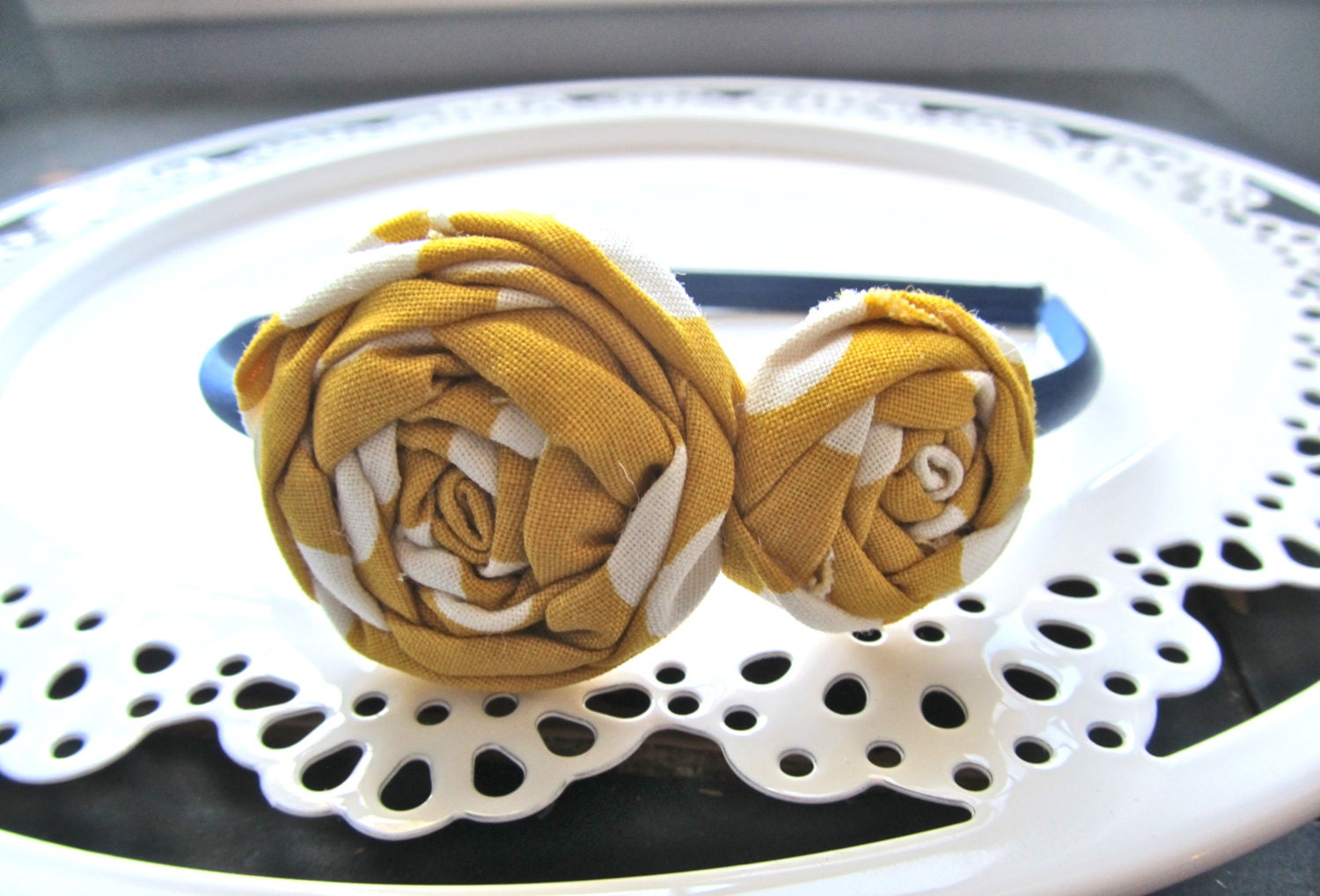 Mustard and Navy fabric flower headband hair clip