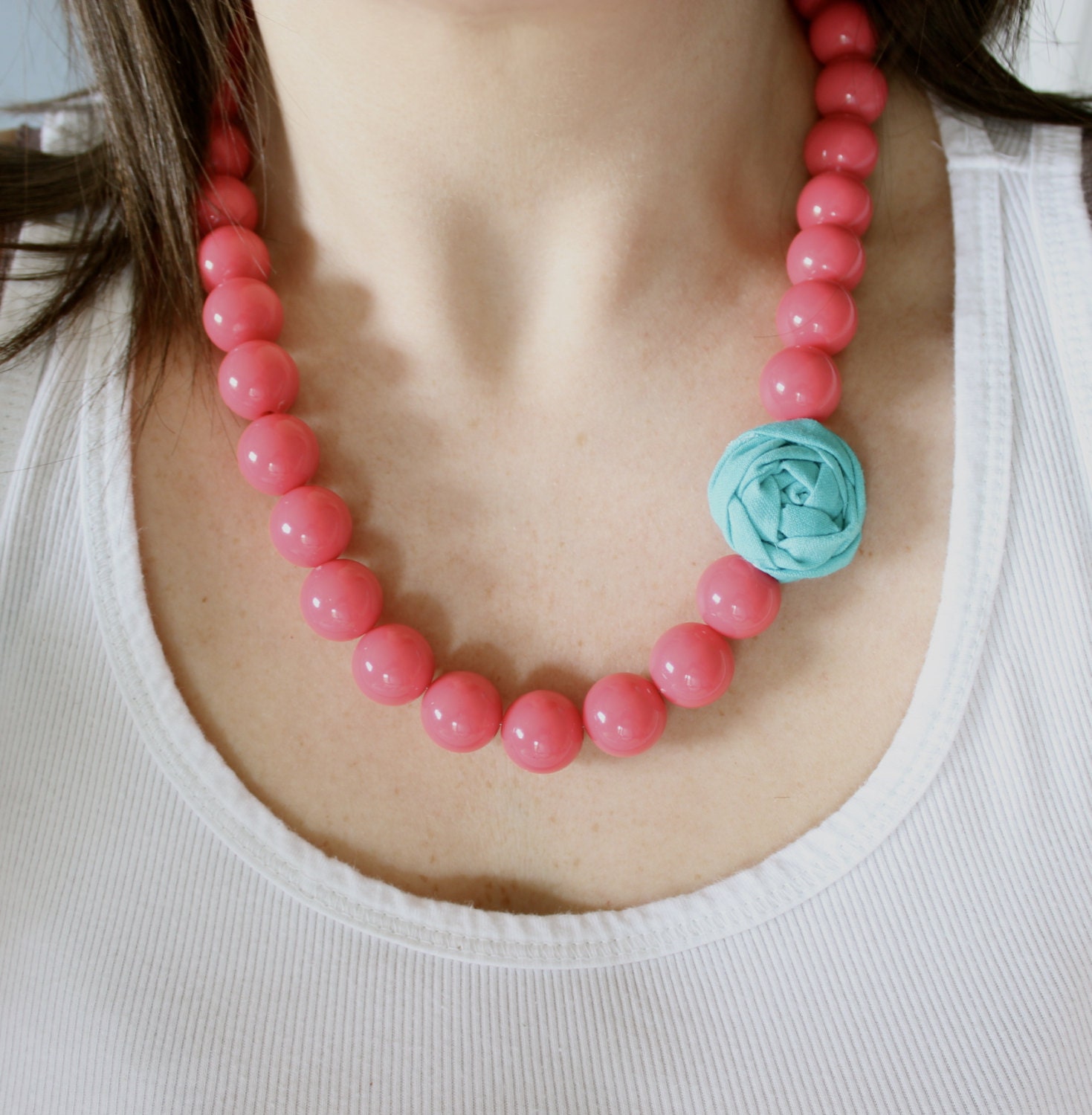 Coral and Teal statement necklace fabric flower
