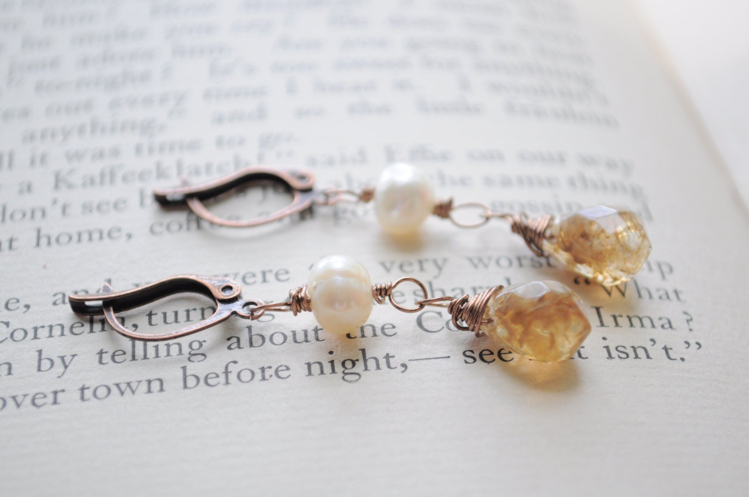 Java Chip-  Coffee Quartz and Fresh Water pearl wire wrapped earrings