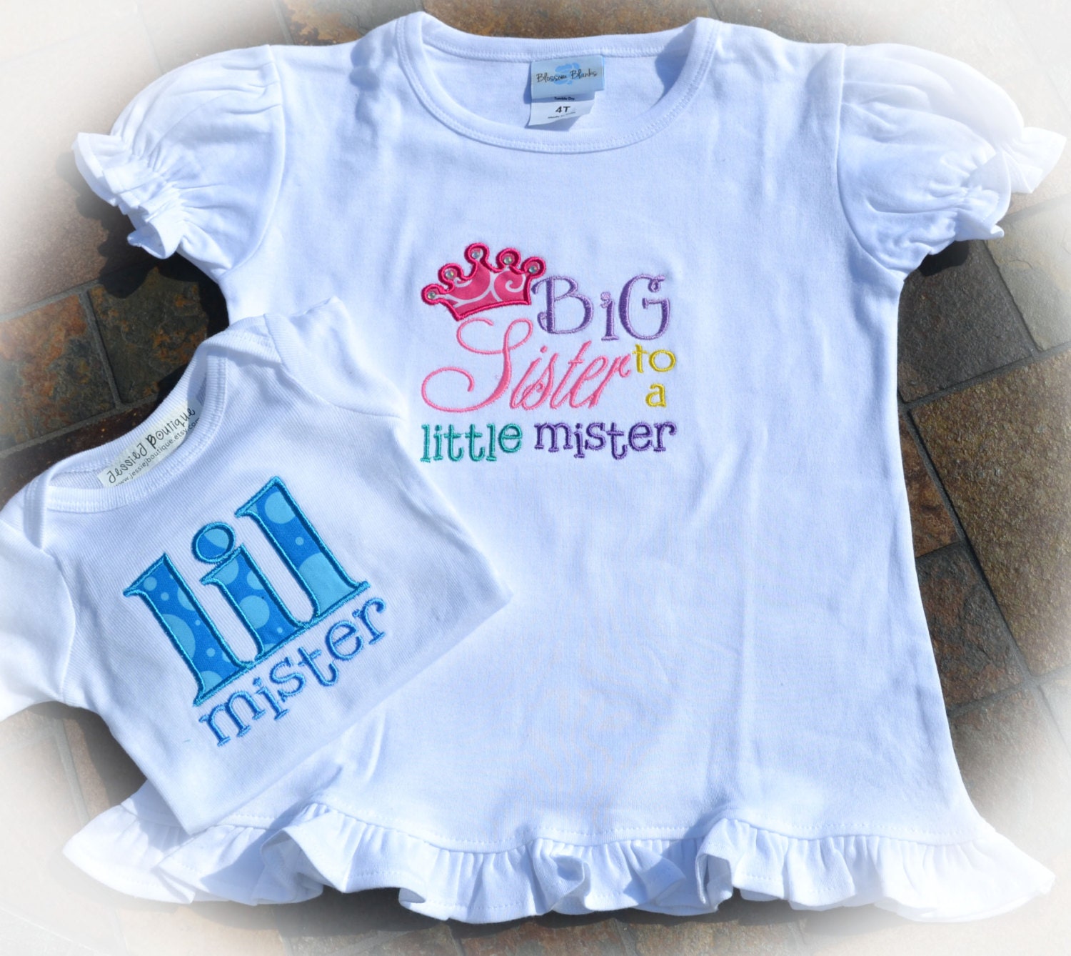 Boutique Big Sister to a Little Mister Ruffled Shirt with Crystals and Lil Mister Boutique Onesie
