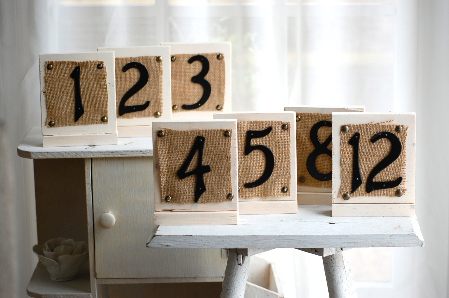 Handmade rustic wedding table numbers- TWO SIDED, shabby chic table number, country wedding table number, burlap table number