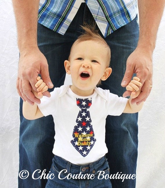 Patriotic Tie Onesie Baby Boy Personalized Welcome Home Daddy.  Military Gift, Deployment Return, Flag Patterns, Election