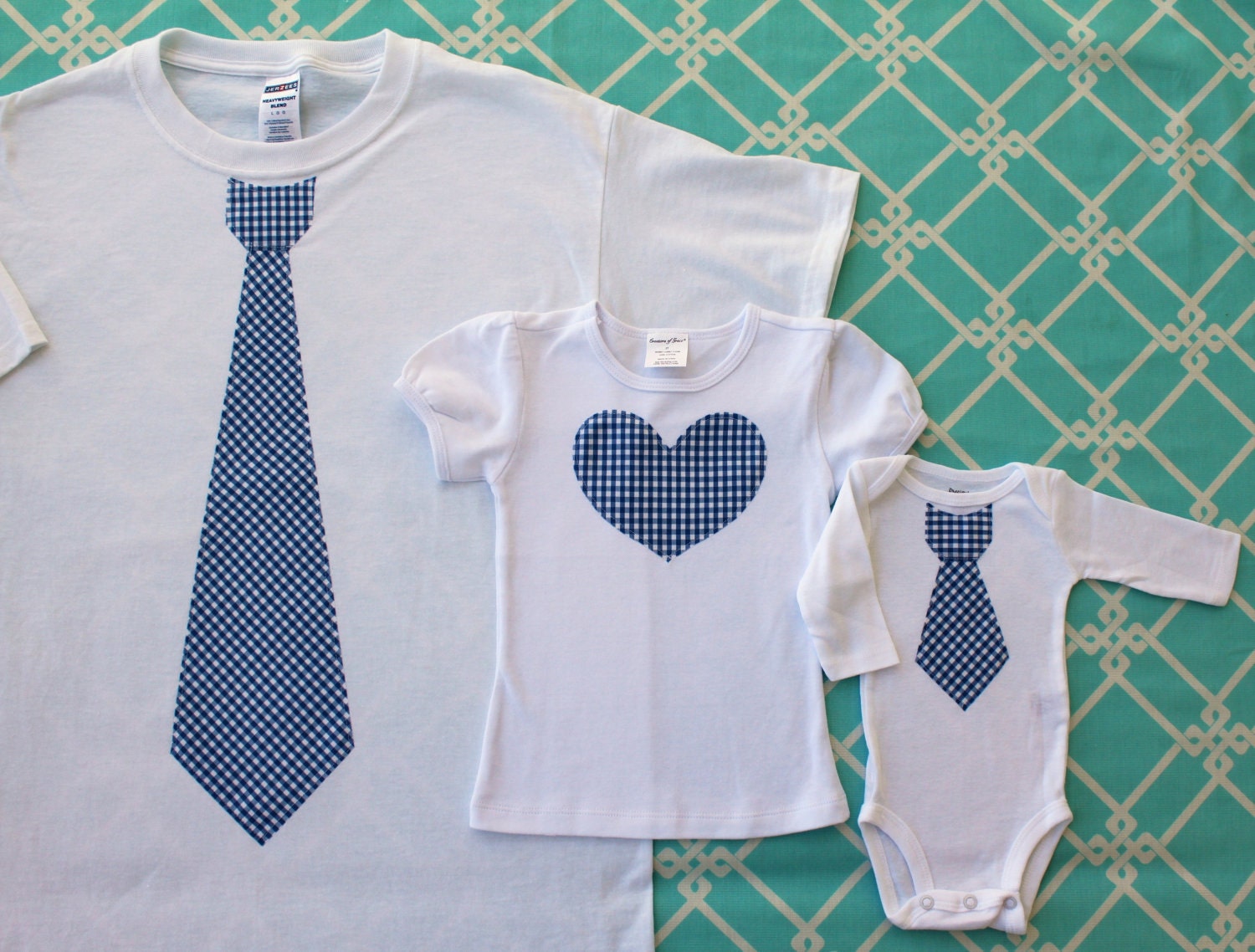 Family Set of 3.  Matching or Coordinating DaddyTie T-Shirt, Mommy Heart Tee,  and Son or Daughter Tie/Heart oneise. Father's Day