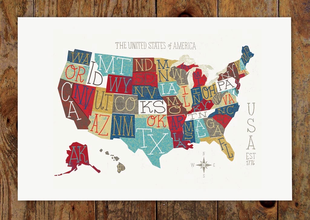 USA Typography Map, 14x11 Art Print