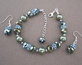 Green Beaded Tennis Strand with Rhinestones Bracelet Set