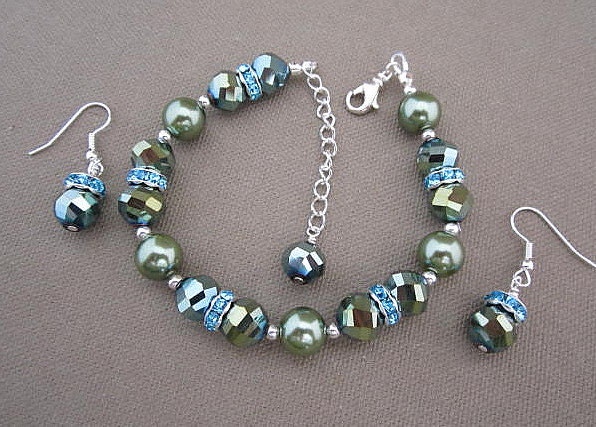 Green Beaded Tennis Strand with Rhinestones Bracelet Set