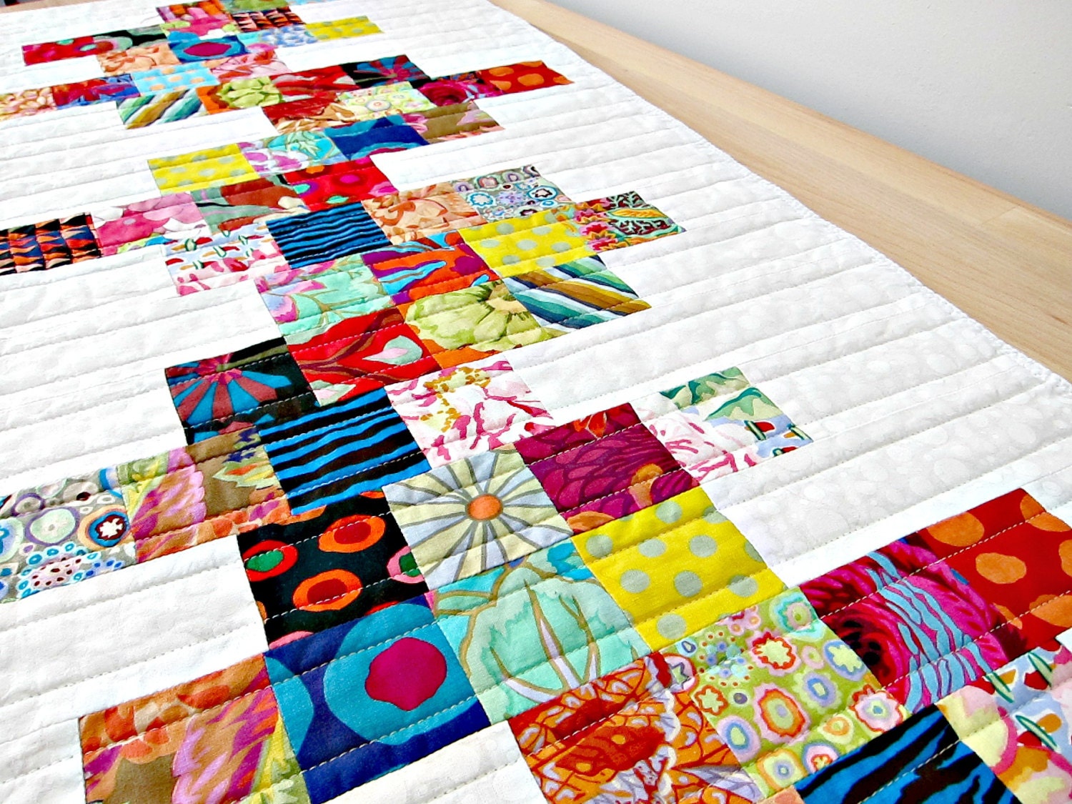 Quilted Table Runner Modern White Bright Colors
