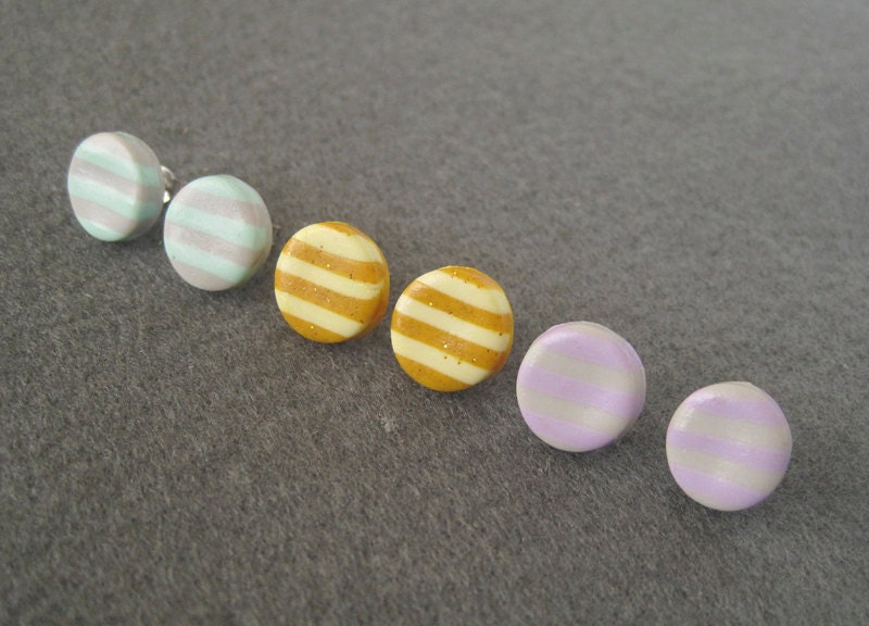 Stripe Colour Mint, Yellows and Purple with Grey Triple Set Studs - Basics Batch