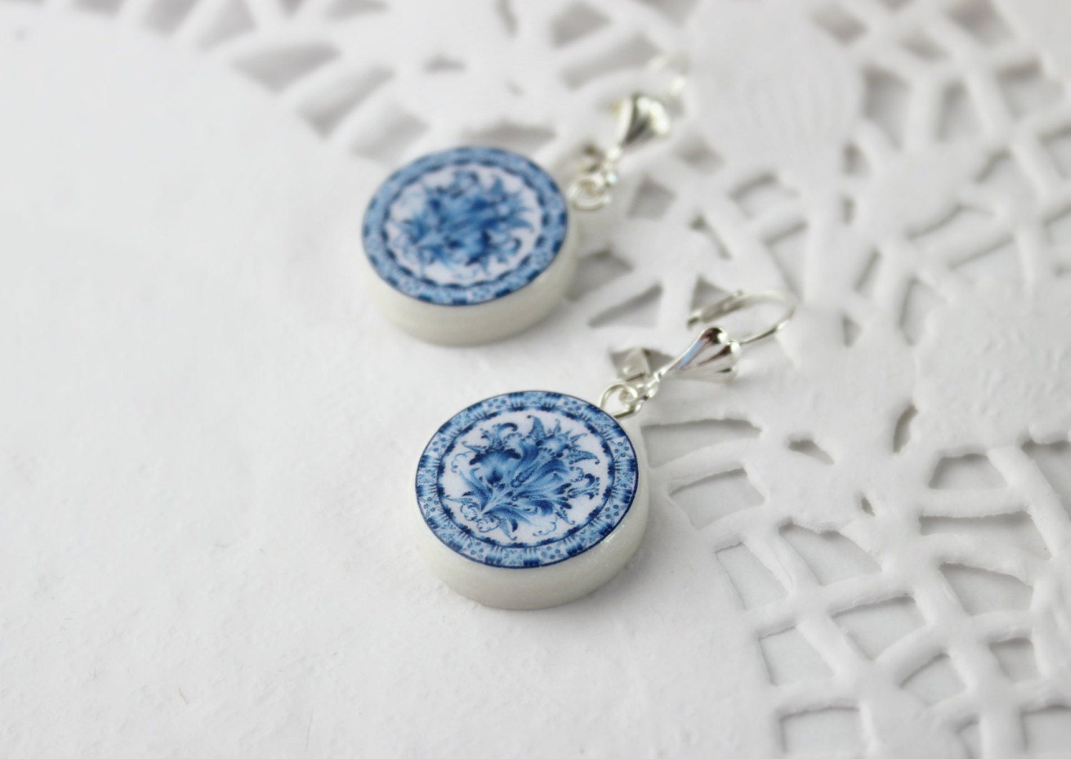 Blue White Gzhel Polymer Clay earring