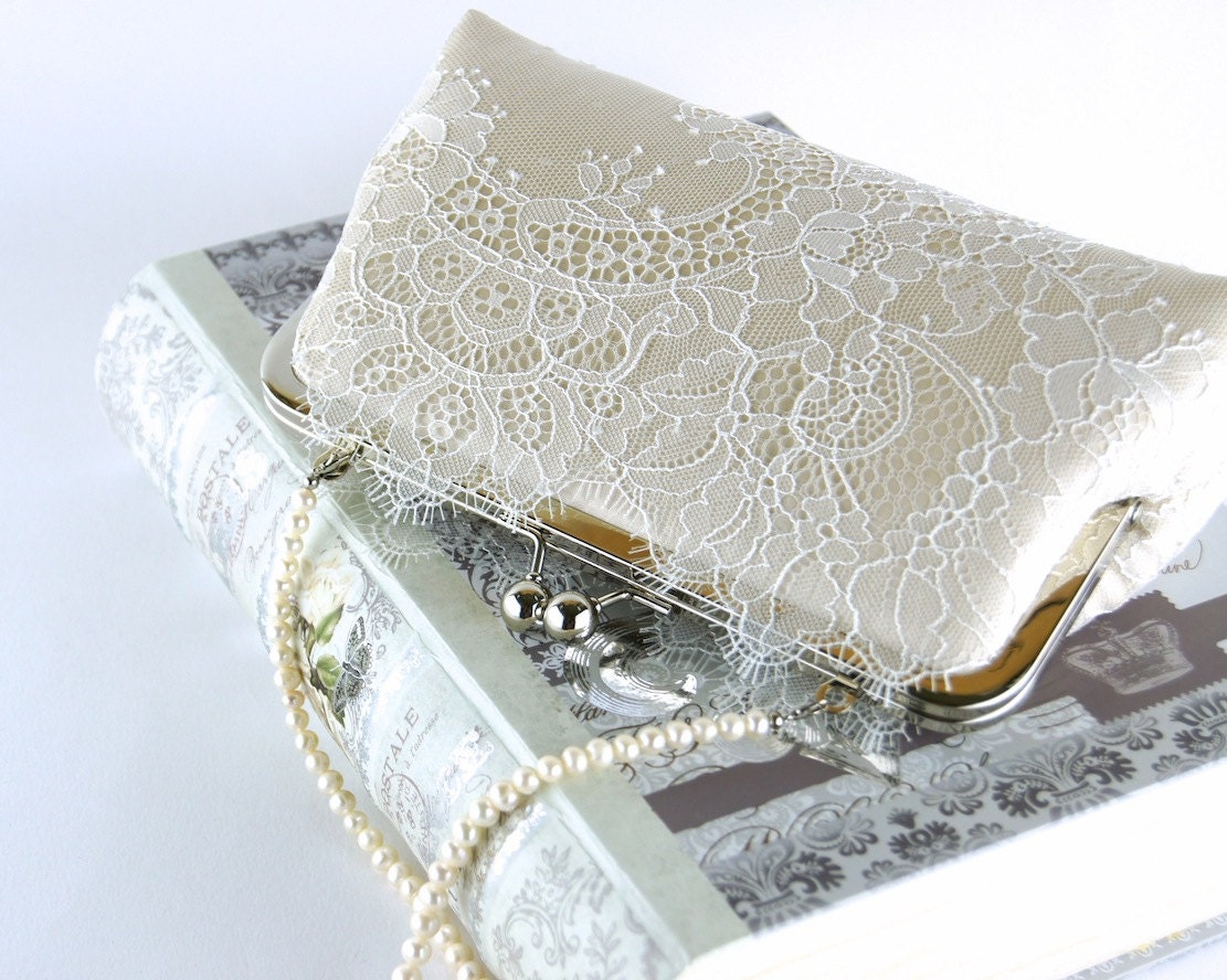 EllenVintage Chantilly Lace  Silk Clutch in Ivory on Champagne, wedding clutch, wedding bag, bridesmaid clutch, Bridal clutch