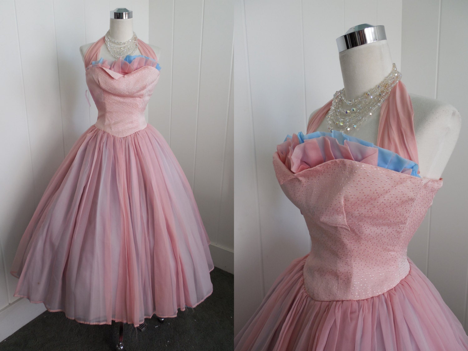 Reserved Do Not Purchase:1950s Vintage Pink and Blue Halter Prom Dress with Shelf Bust. VLV, viva las vegas