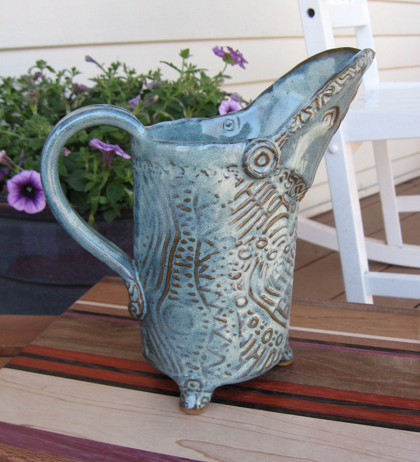 Celtic Knot Textured Tripod Pitcher in Teal Green READY TO SHIP