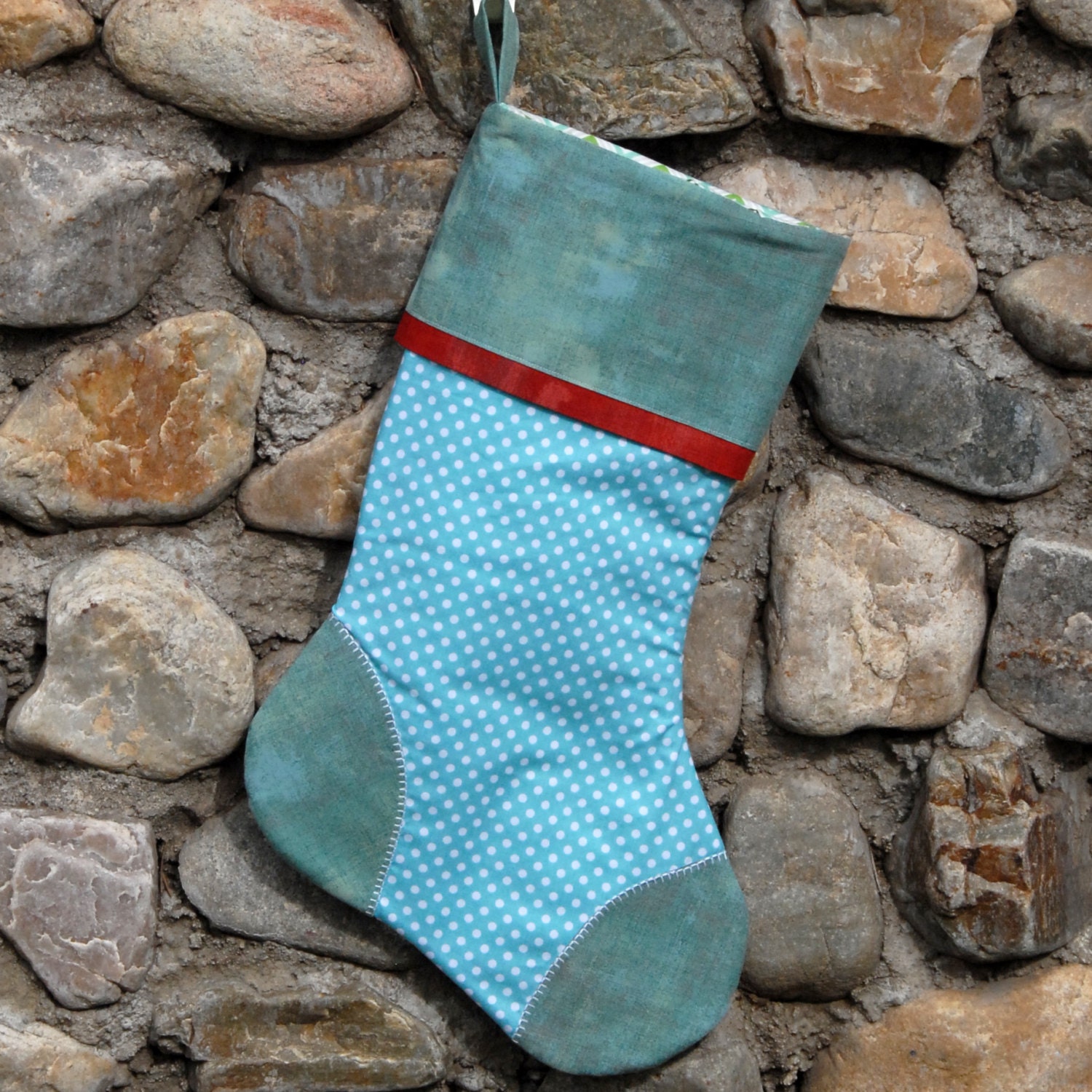 Handmade, Personalized Christmas Stockings from the Red & Aqua Collection by Yards and Yards