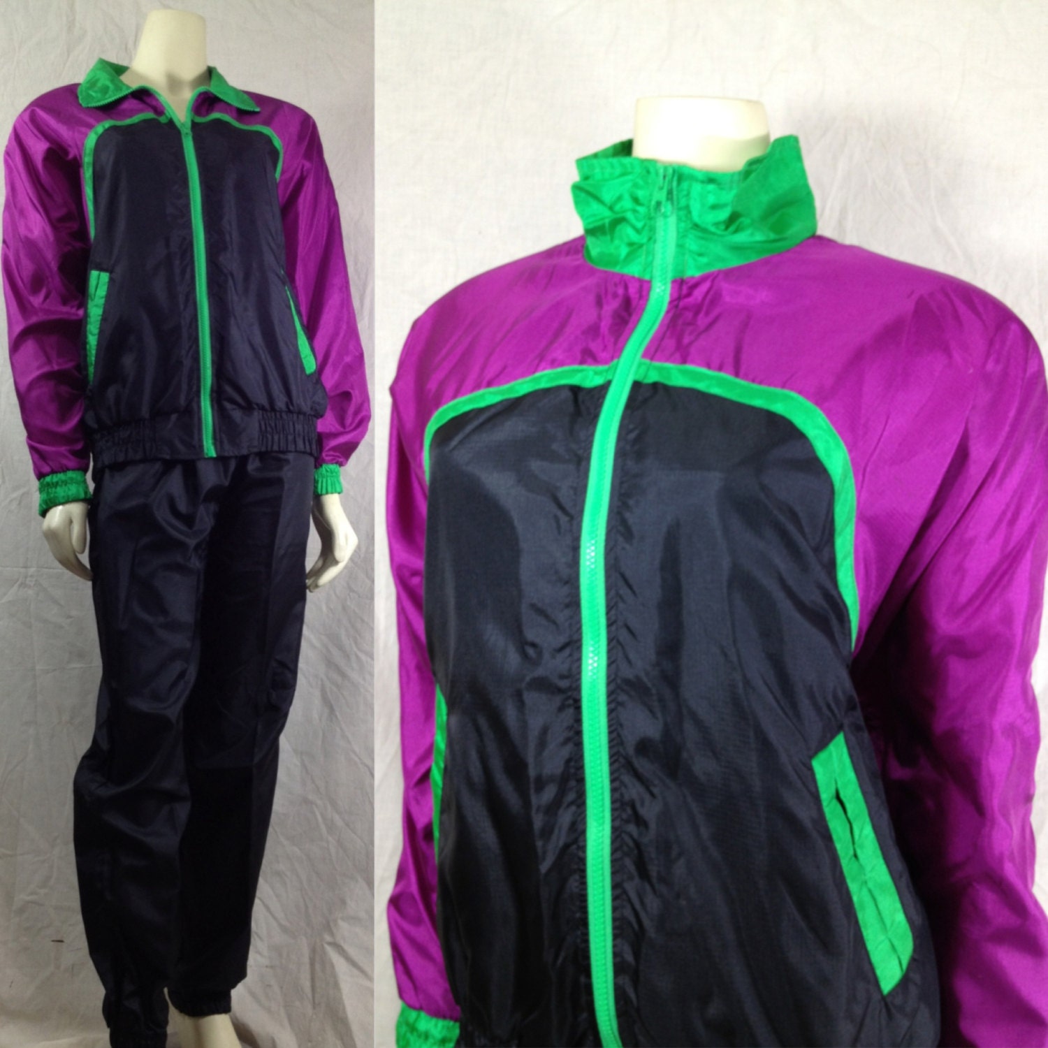 Vintage 1990s track suit R E Sport purple green Ripstop Nylon shoulder pads Medium Work out Sweat suit