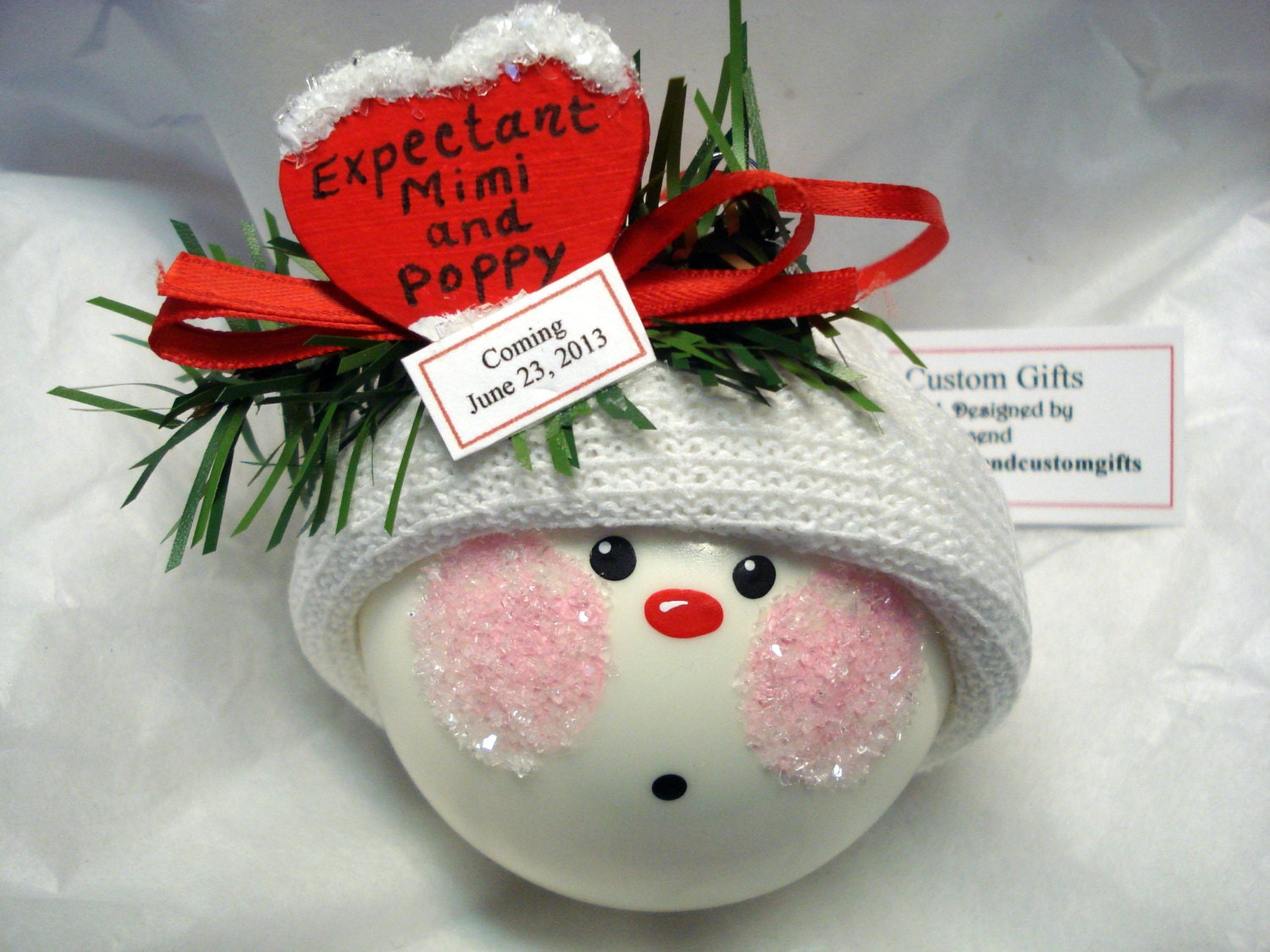 Birth Announcement Snowman Ornament Christmas Tree Bulb Snowball Face Personalized