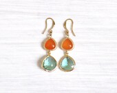 Light Drops Gold Plated Earrings - Small Blue Gray Crystal and Orange Adventurine, Bridesmaid, Wedding Jewelry