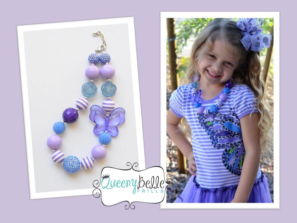 Periwinkle Flutter Girls Chunky Beaded Necklace (Blue, Purple)