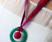 Spring necklace, fiber art necklace from cotton yarn and silk textile