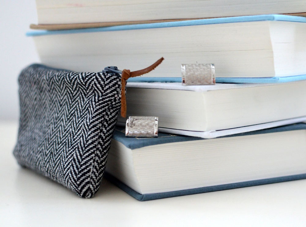 Cuff Link Travel Case in Black Herringbone - mens travel bag zipper pouch cuff links wool leather small luggage