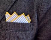 Men's Pocket Square in Blue Stripe- cotton oxford handkerchief wedding groomsmen suit yellow