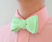 Men's Bow Tie in Lime Seersucker- mens green freestyle wedding groomsmen bowtie neck self tie striped