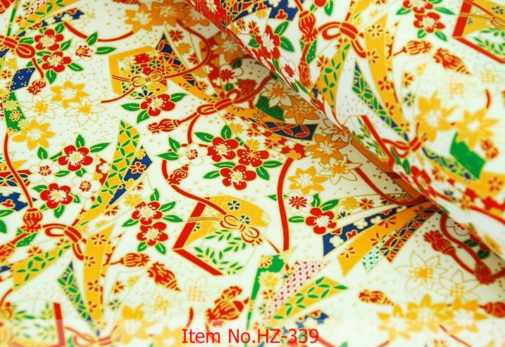 23x17 inch (58x42cm) yuzen chiyogami paper sheet HZ-339 yellow and red ribbons and flowers in white background origami sheet OEM for Japan