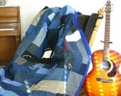 Upcycled Denim Quilt Blue Fleece Backing Polyester Batting 68" X 52" Modern Patchwork