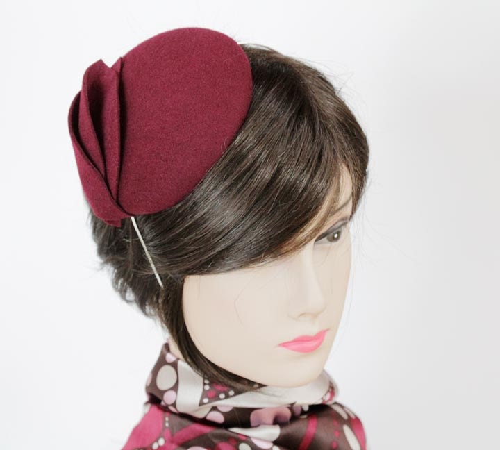 Mini Hat-Button Fascinator-Crimson-Wool Felt