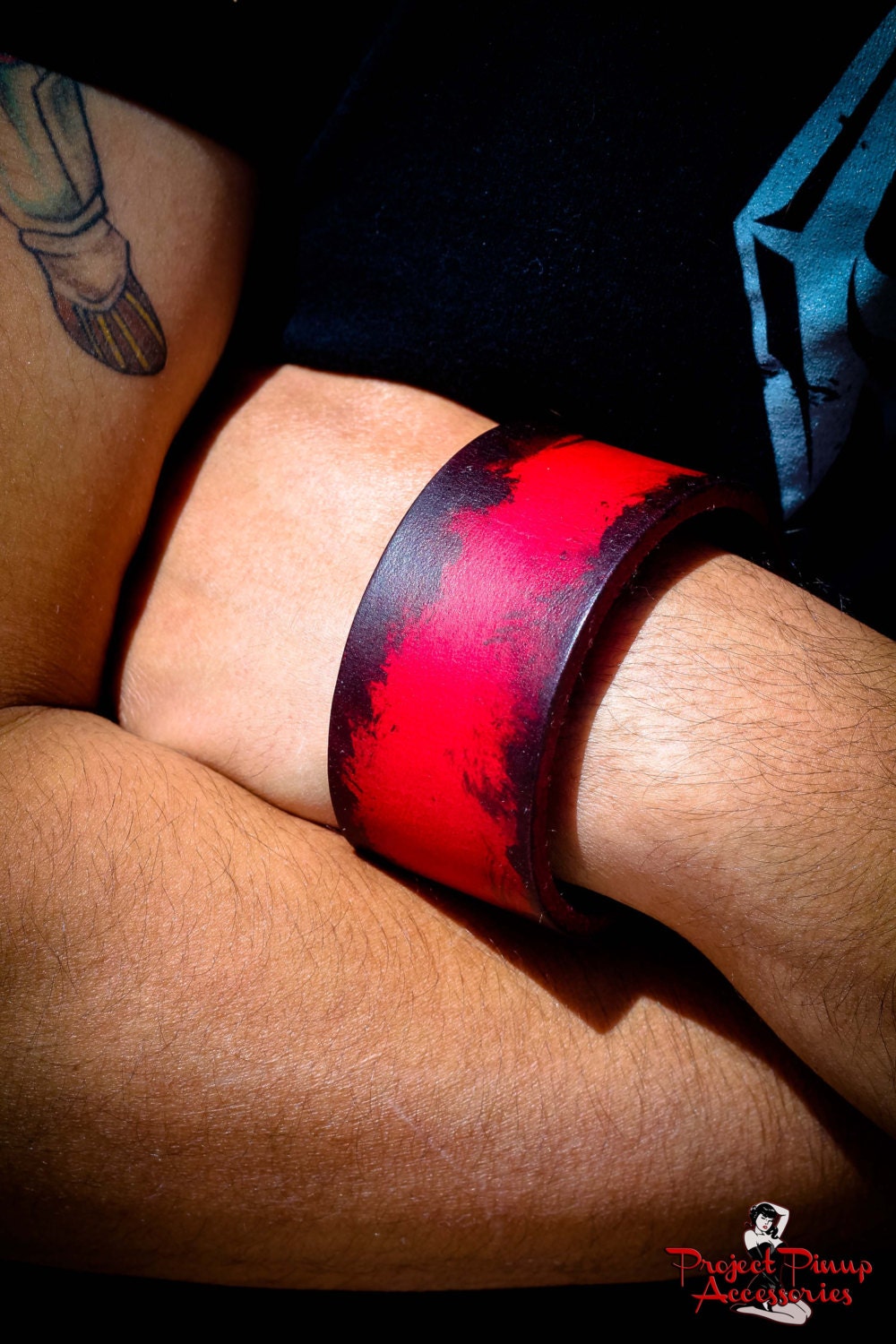 Mens Red & Black Leather Cuff Bracelet