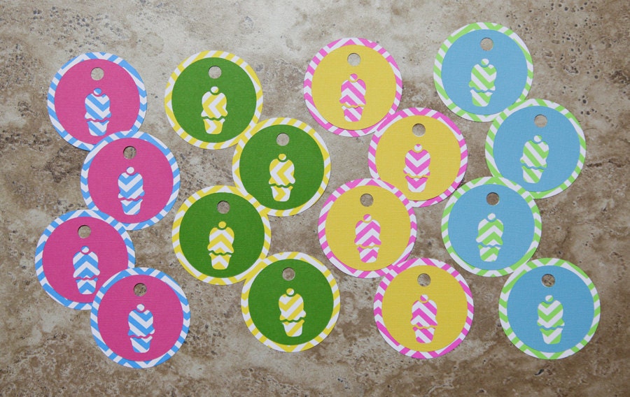 Party Favor Tags for Birthday or Baby Shower- pink green yellow blue (16 pack)