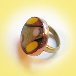 Fused Glass Ring, Dichroic, Copper and Brass, Size 7.5