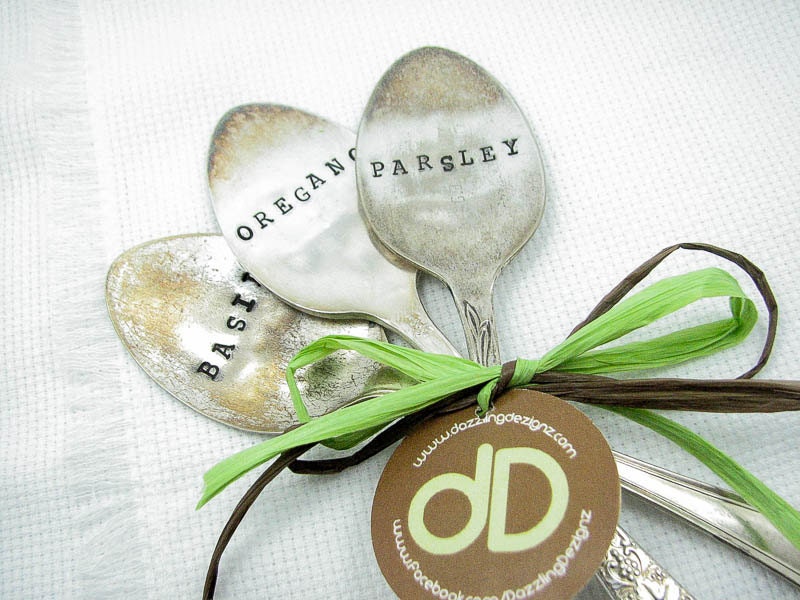 Garden Markers - Hand Stamped Vintage Spoons, Oregano, Parsley, Basil, Shabby Chic Herb Markers, Upcycled, Set of 3