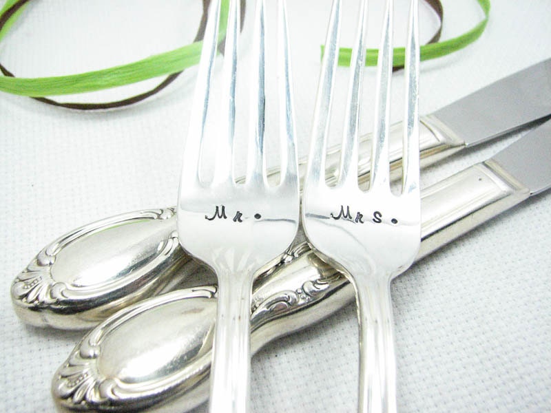 Wedding Forks and Knives - Mr and Mrs Vintage Silverware, Hand Stamped Wedding Table Setting