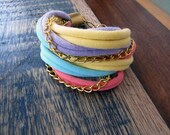 Spring Pastel Rainbow Multistrand Fabric Bracelet with Gold Chain