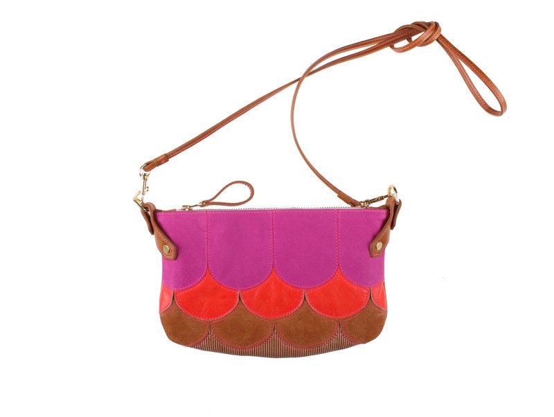 Vicious Fishes Cha Ching bag in tan leather with scales in bright pinks and tan