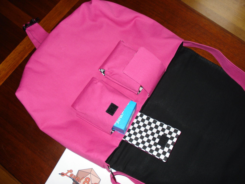 MEDIUM Messenger Bag for Magic the Gathering or other TCG Decks in Hot Pink and Black Fabric with Checkered Accents
