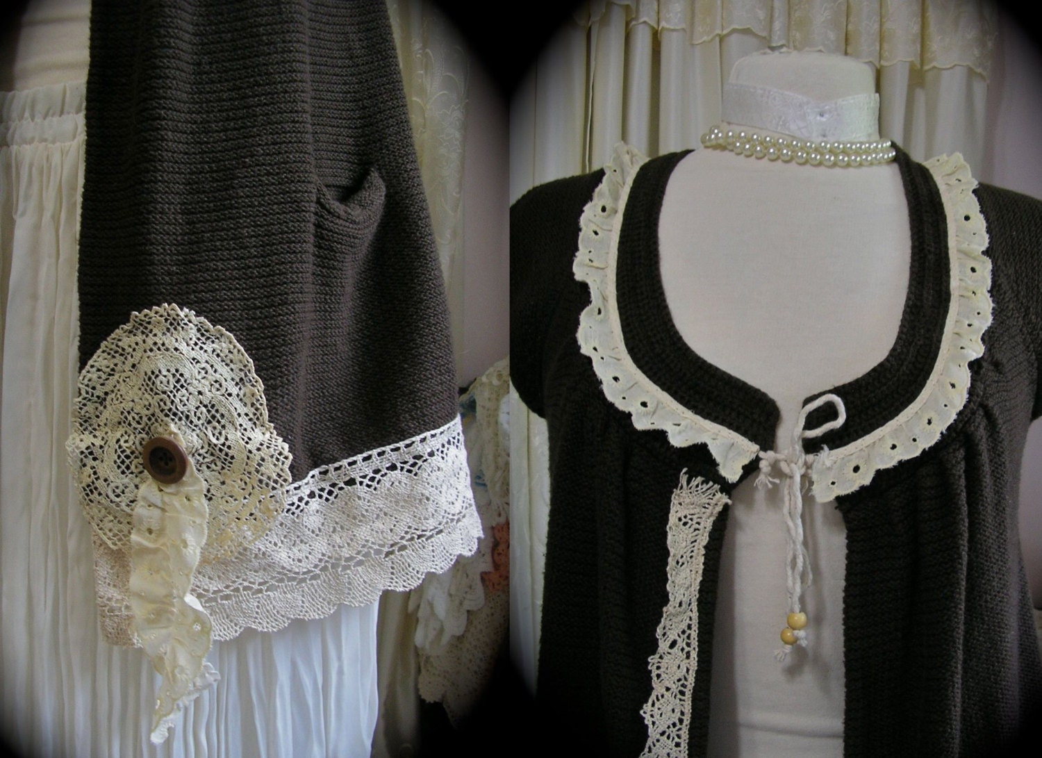 Brown Bohemian Sweater, shabby tattered lace doily embellishment, upcycled refashioned sweater MEDIUM