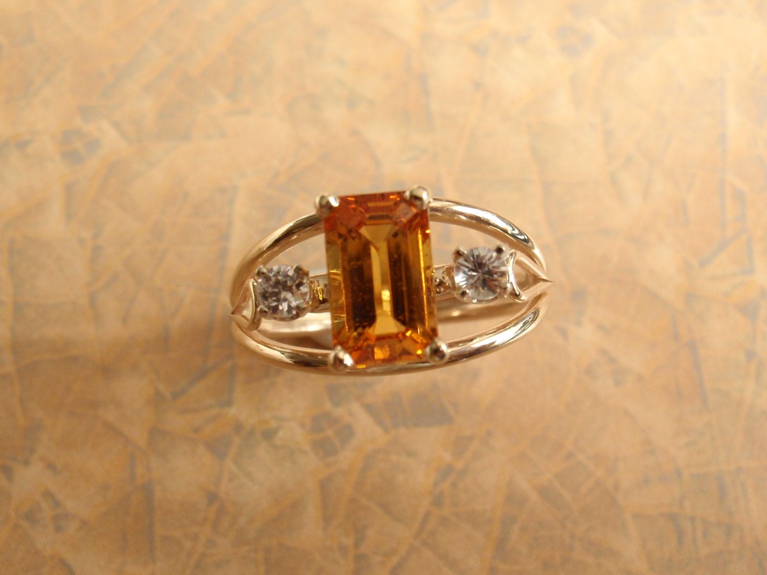 14k Gold Ring Natural Tangerine Emerald Cut Sapphire