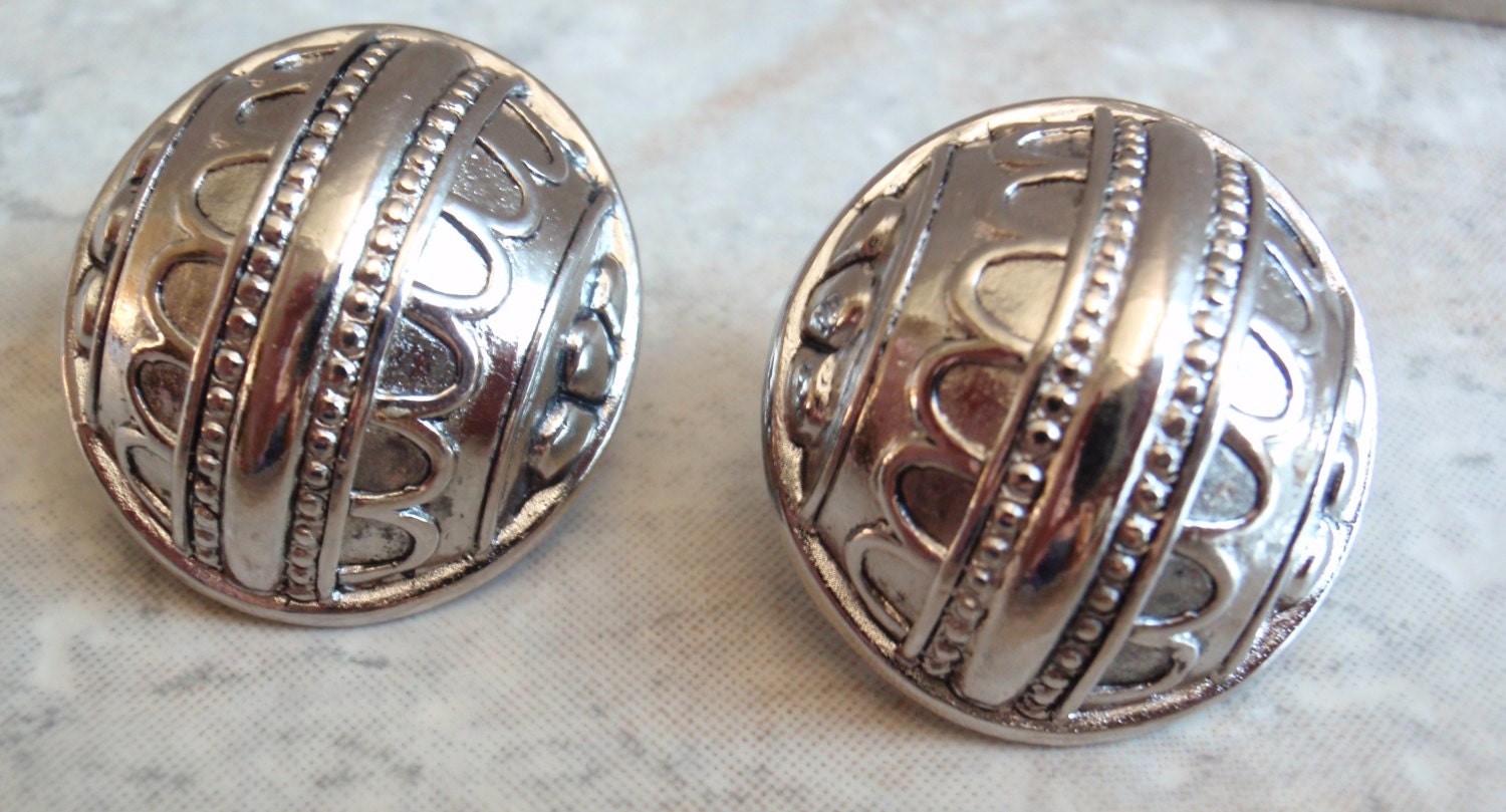 Large Round Silver Tone Post Earrings Vintage Estate
