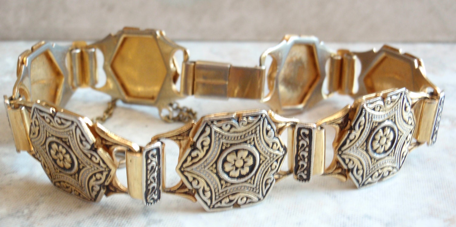 Damascene Bracelet Hexagonal Black Gold Flower Motif Enamel Vintage Estate