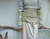 Waterlily Warmers, hand knitted watery green, blue and cream fingerless gloves, arm warmers, extra long, cable stitch, READY TO SHIP