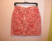 90s red denim tropical floral skirt Bill Blass high waist jeans skirt size large 8 10