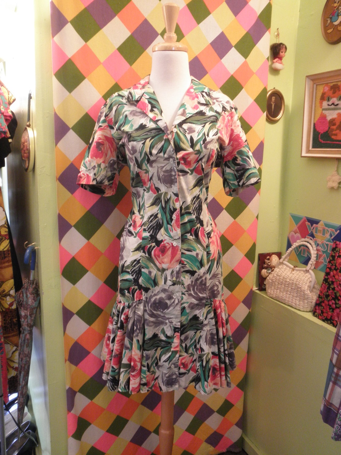 80s Nicole Miller Tropical Cotton Ruffle Dress Size 10