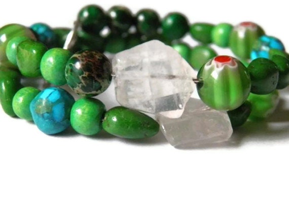 Green wrap bracelet boho chic turquoise rose quartz millefiori Spring Summer gift for her